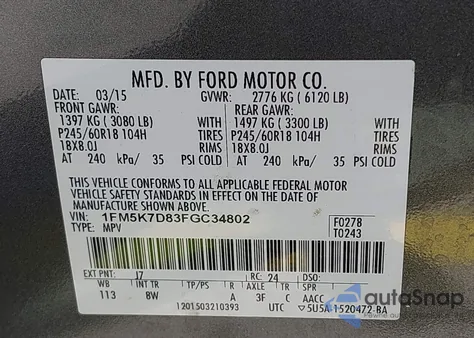 2015 Ford Explorer Xlt из США, поврежденный, VIN 1FM5K7D83FGC34802